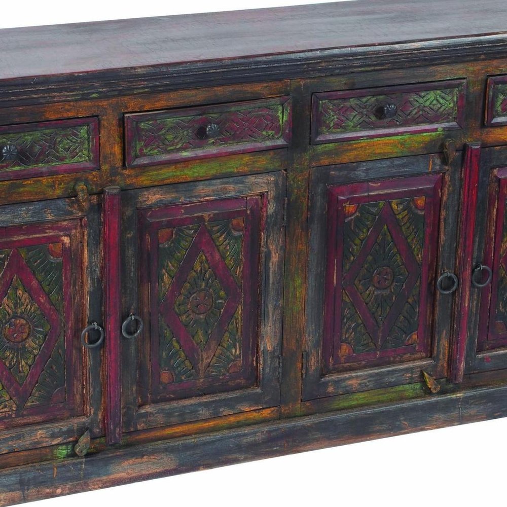 72" Dark Brown and Green Solid Wood Four Drawer Sideboard with Four Doors