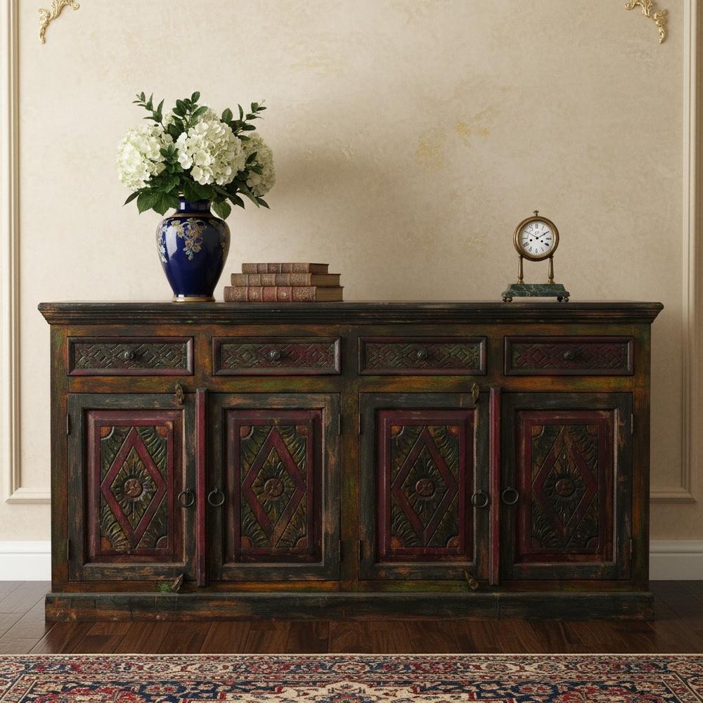 72" Dark Brown and Green Solid Wood Four Drawer Sideboard with Four Doors