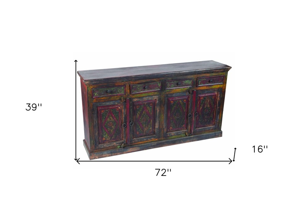 72" Dark Brown and Green Solid Wood Four Drawer Sideboard with Four Doors