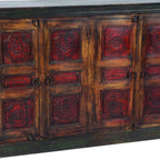 80" Brown And Red Distressed Solid Wood Carved Floral Buffet Table with Four Doors