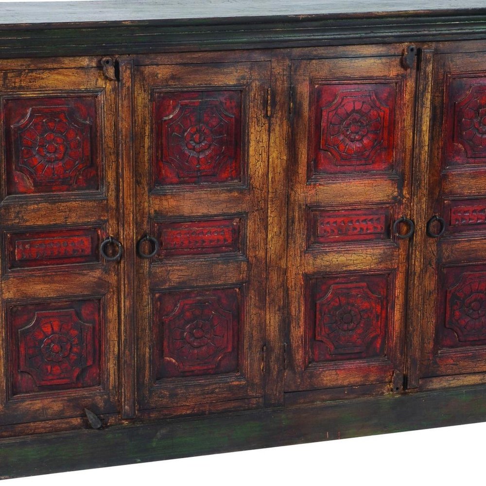 80" Brown And Red Distressed Solid Wood Carved Floral Buffet Table with Four Doors