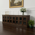 118" Brown Distressed Solid Wood Carved Abstract Buffet Table with 8 Glass Doors