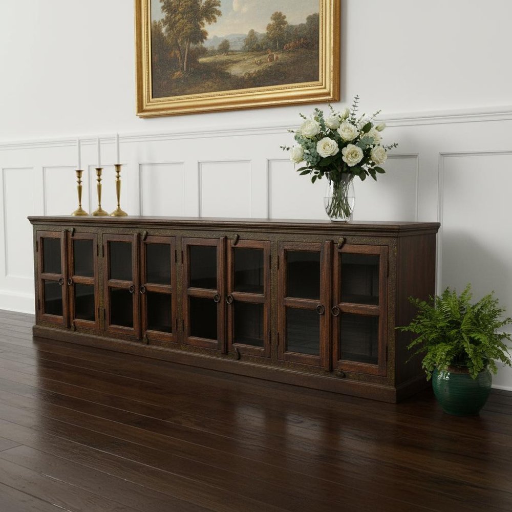 118" Brown Distressed Solid Wood Carved Abstract Buffet Table with 8 Glass Doors