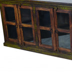 118" Brown Distressed Solid Wood Carved Abstract Buffet Table with 8 Glass Doors