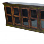 118" Brown Distressed Solid Wood Carved Abstract Buffet Table with 8 Glass Doors