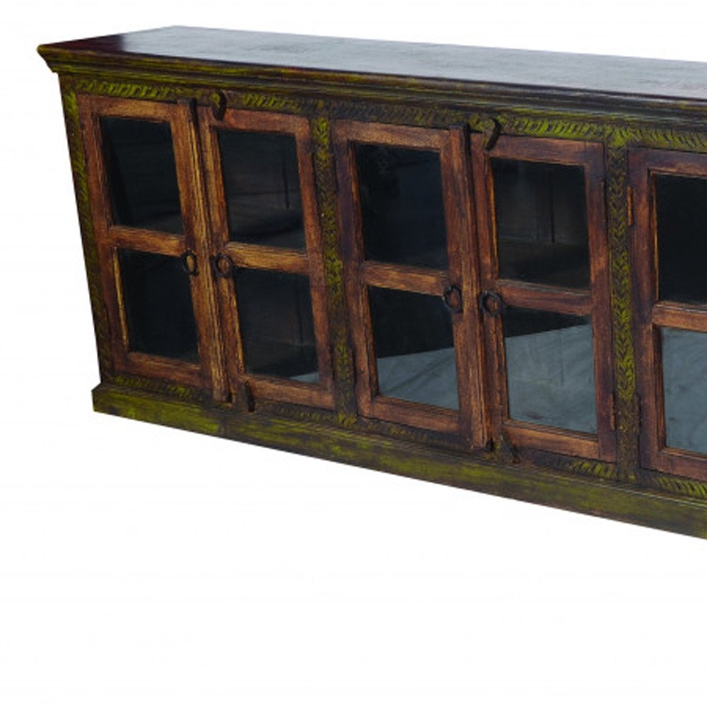 118" Brown Distressed Solid Wood Carved Abstract Buffet Table with 8 Glass Doors