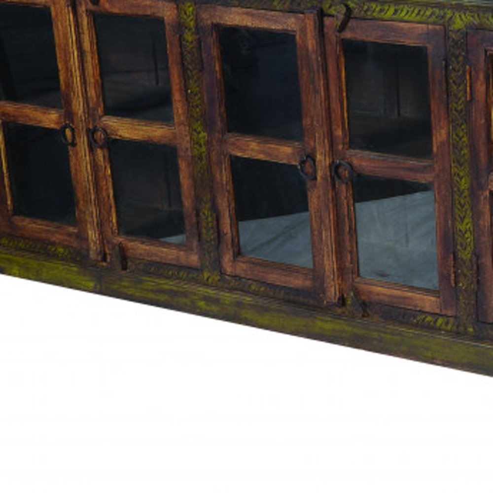 118" Brown Distressed Solid Wood Carved Abstract Buffet Table with 8 Glass Doors