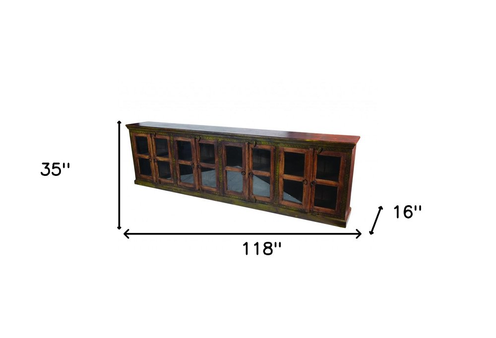118" Brown Distressed Solid Wood Carved Abstract Buffet Table with 8 Glass Doors