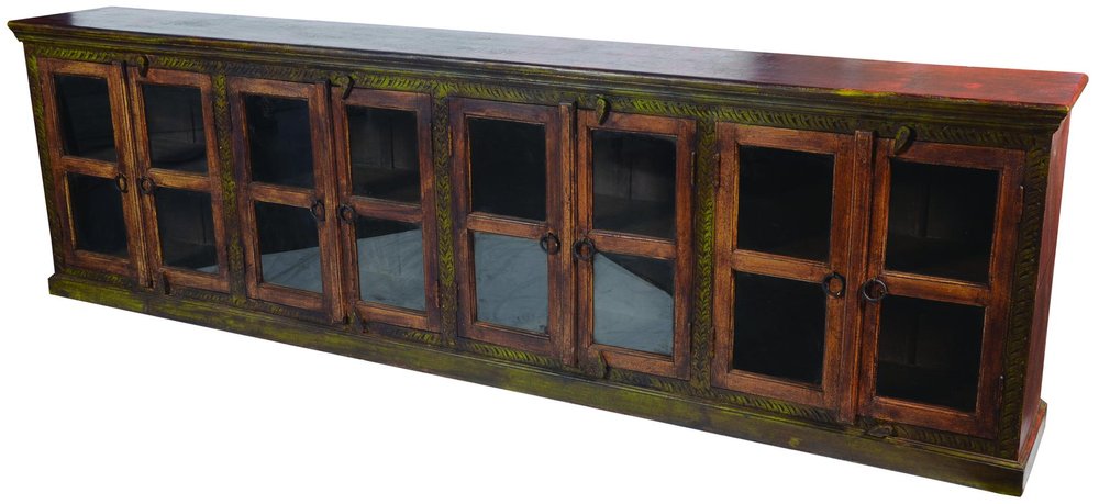 118" Brown Distressed Solid Wood Carved Abstract Buffet Table with 8 Glass Doors