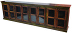 118" Brown Distressed Solid Wood Carved Abstract Buffet Table with 8 Glass Doors