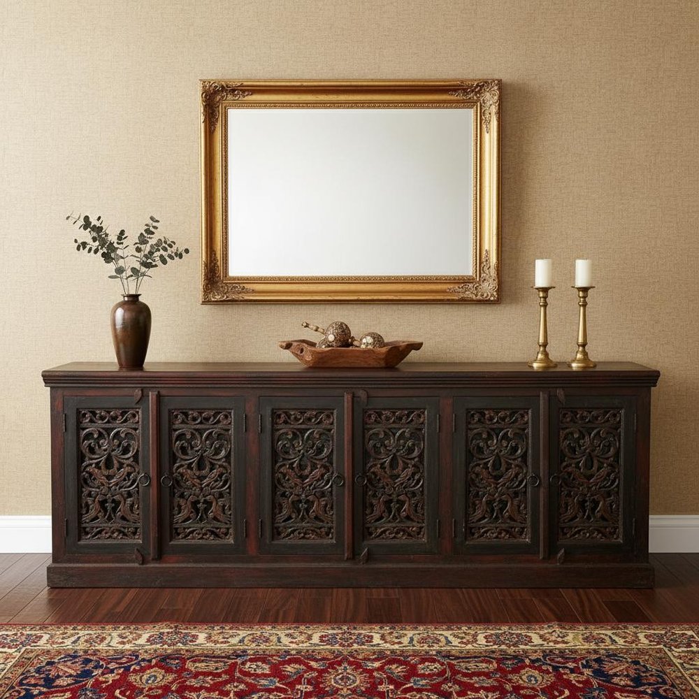 101" Brown and Green Solid Wood Buffet Table with Six Doors