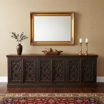101" Brown and Green Solid Wood Buffet Table with Six Doors