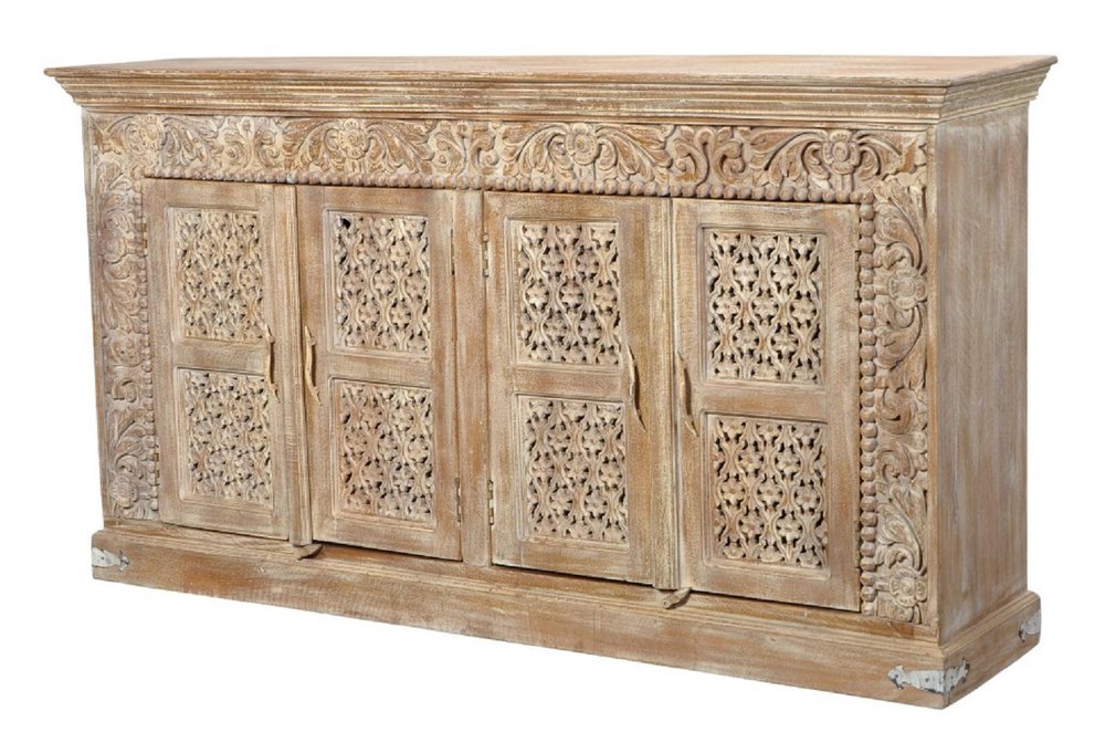 76" Antiqued White Distressed Solid Wood Carved Floral Sideboard with Four Doors