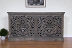 71" Gray Distressed Solid Wood Carved Floral Sideboard with Four Doors