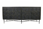 71" Brown Distressed Solid Wood Carved Geometric Sideboard with Four Doors