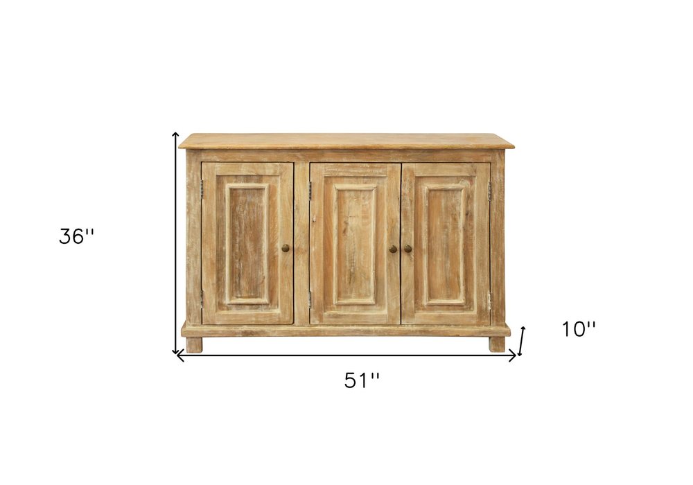 51" Natural Distressed Solid Wood Sideboard with Three Doors