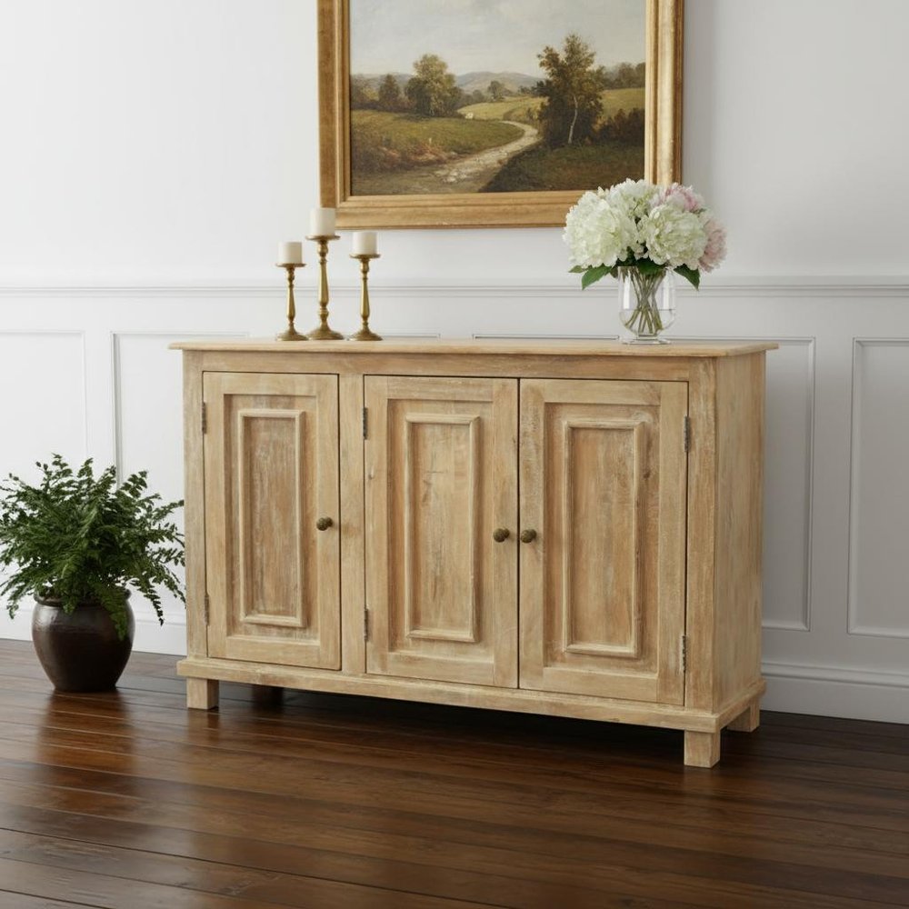51" Natural Distressed Solid Wood Sideboard with Three Doors
