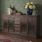 90" Brown Solid Wood Nine Drawer Buffet Table with Four Doors