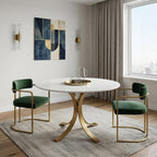 48" Ivory And Brass Rounded Marble And Iron Pedestal Base Dining Table