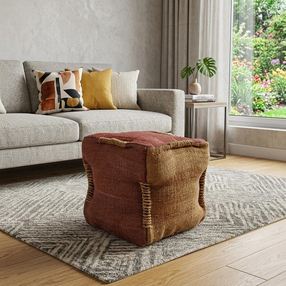 18" Pink and Orange Jute Cube Pouf Ottoman