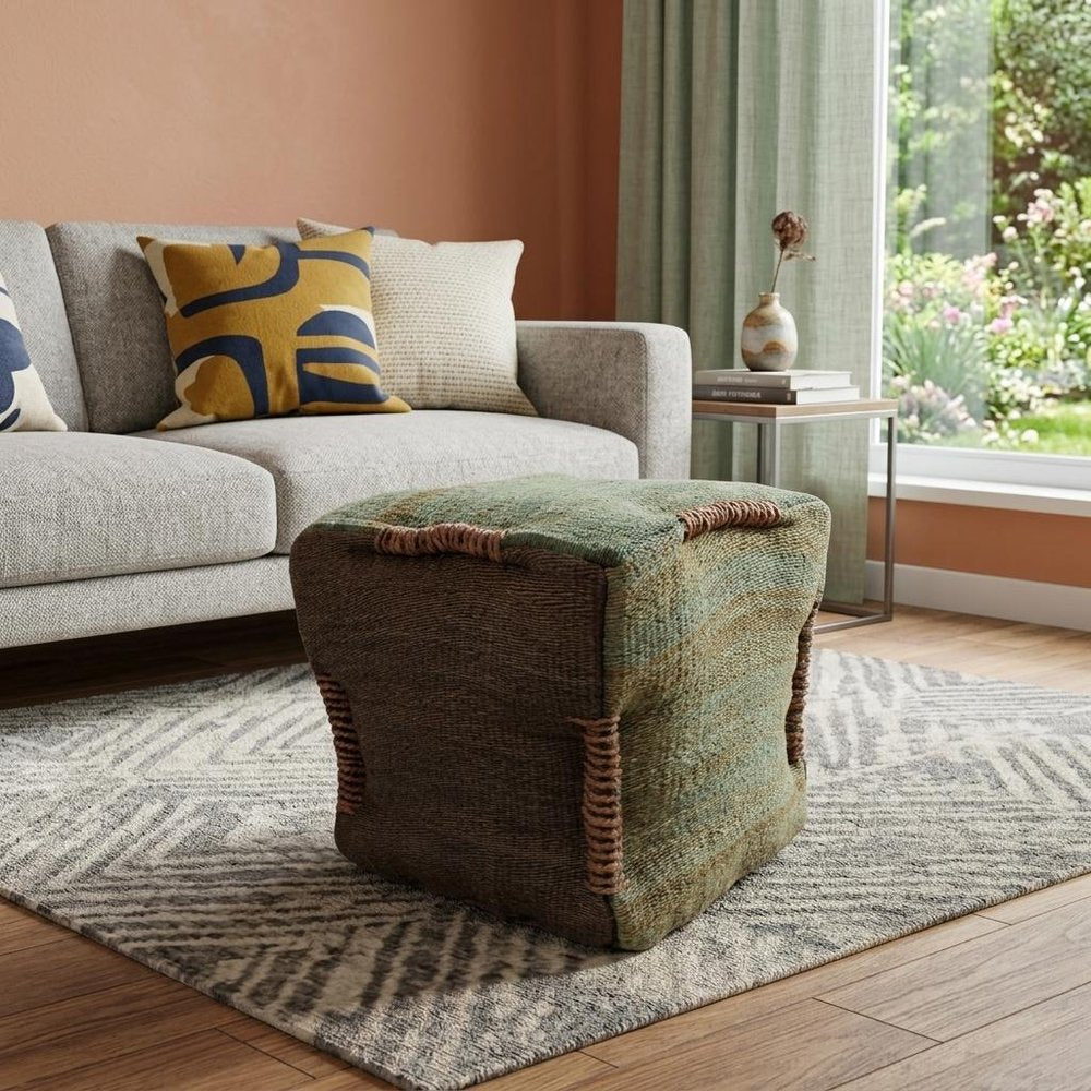 18" Green and Brown Jute Cube Pouf Ottoman