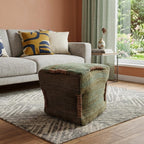 18" Green and Brown Jute Cube Pouf Ottoman
