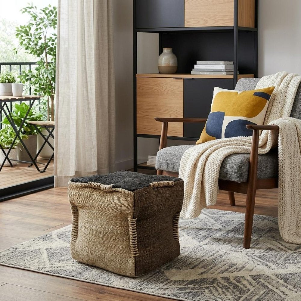 18" Black and Taupe Jute Cube Pouf Ottoman