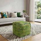 18" Green Recycled Silk and Cotton Blend Cube Pouf Ottoman