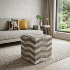 18" Gray and Beige Hair on Hide Cube Chevron Pouf Ottoman