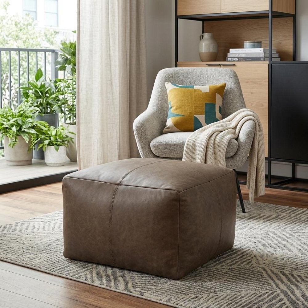 22" Gray Brown Distressed Leather Pouf Ottoman