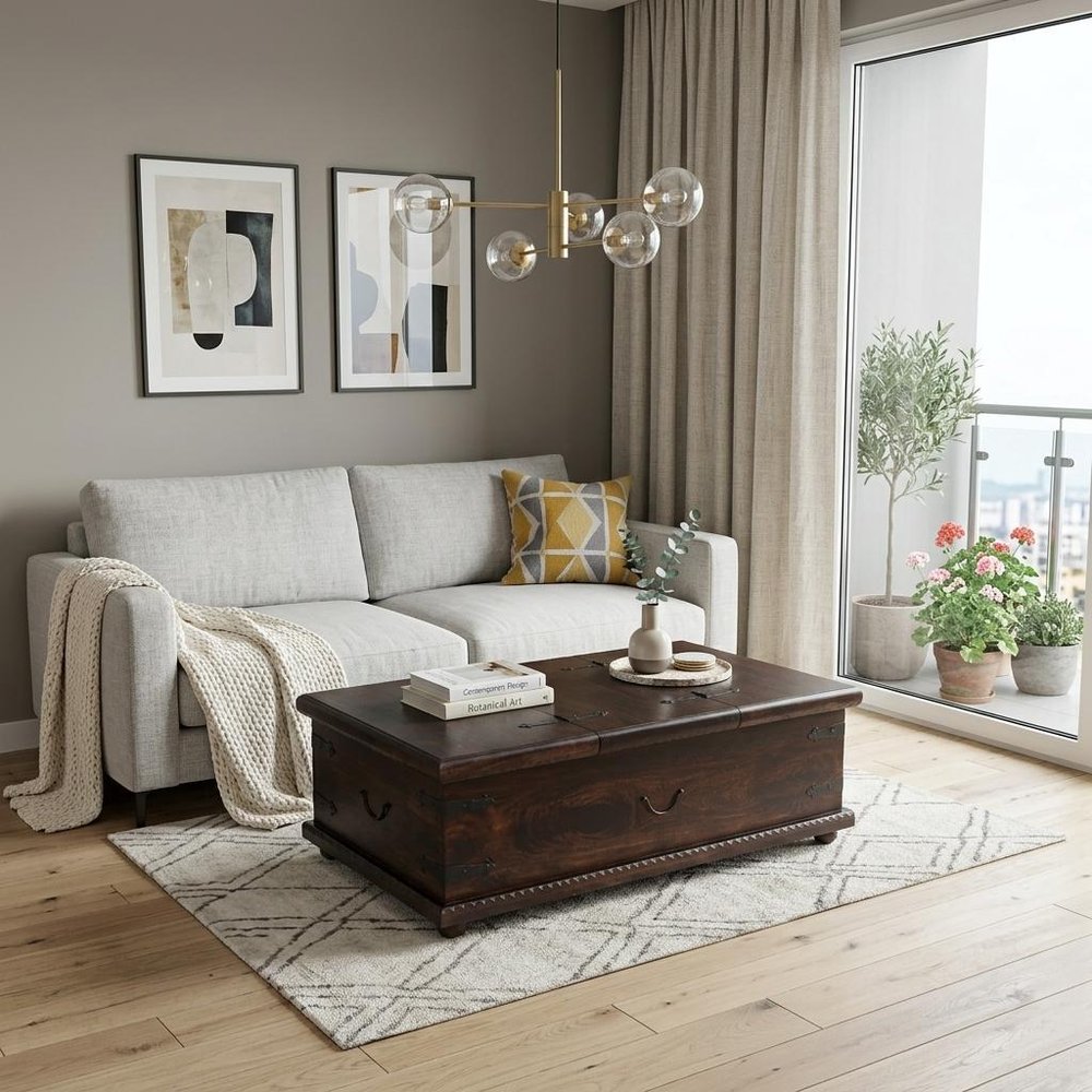 40" Brown Solid Wood Square Distressed Lift Top Solid Trunk Coffee Table