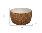 32" White and Natural Iron and Solid Wood Round Drum Coffee Table