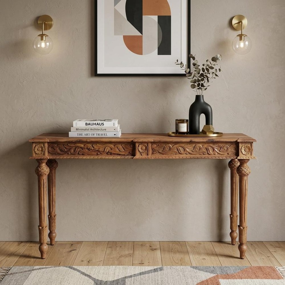 54" Brown Solid Wood Distressed Console Table