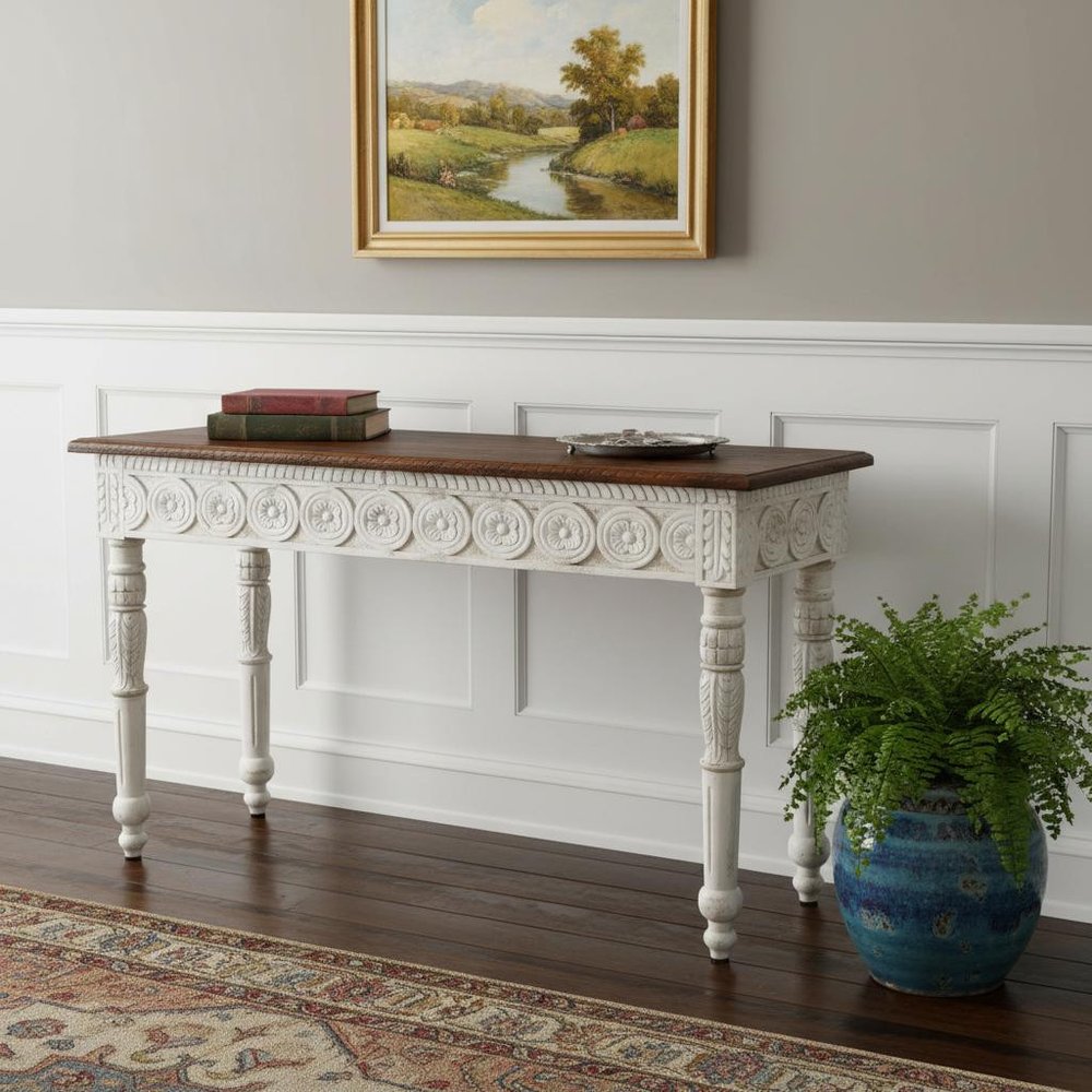 48" Natural and White Solid Wood Distressed Console Table