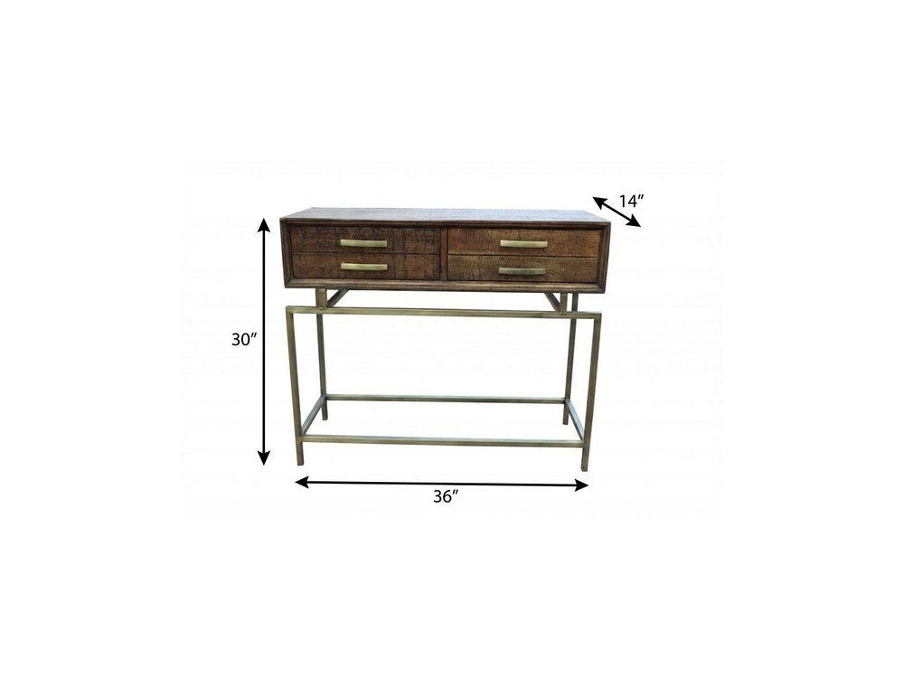 36" Brown and Brass Solid Wood Distressed Frame Console Table With Storage