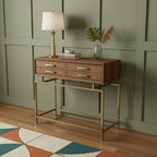 36" Brown and Brass Solid Wood Distressed Frame Console Table With Storage