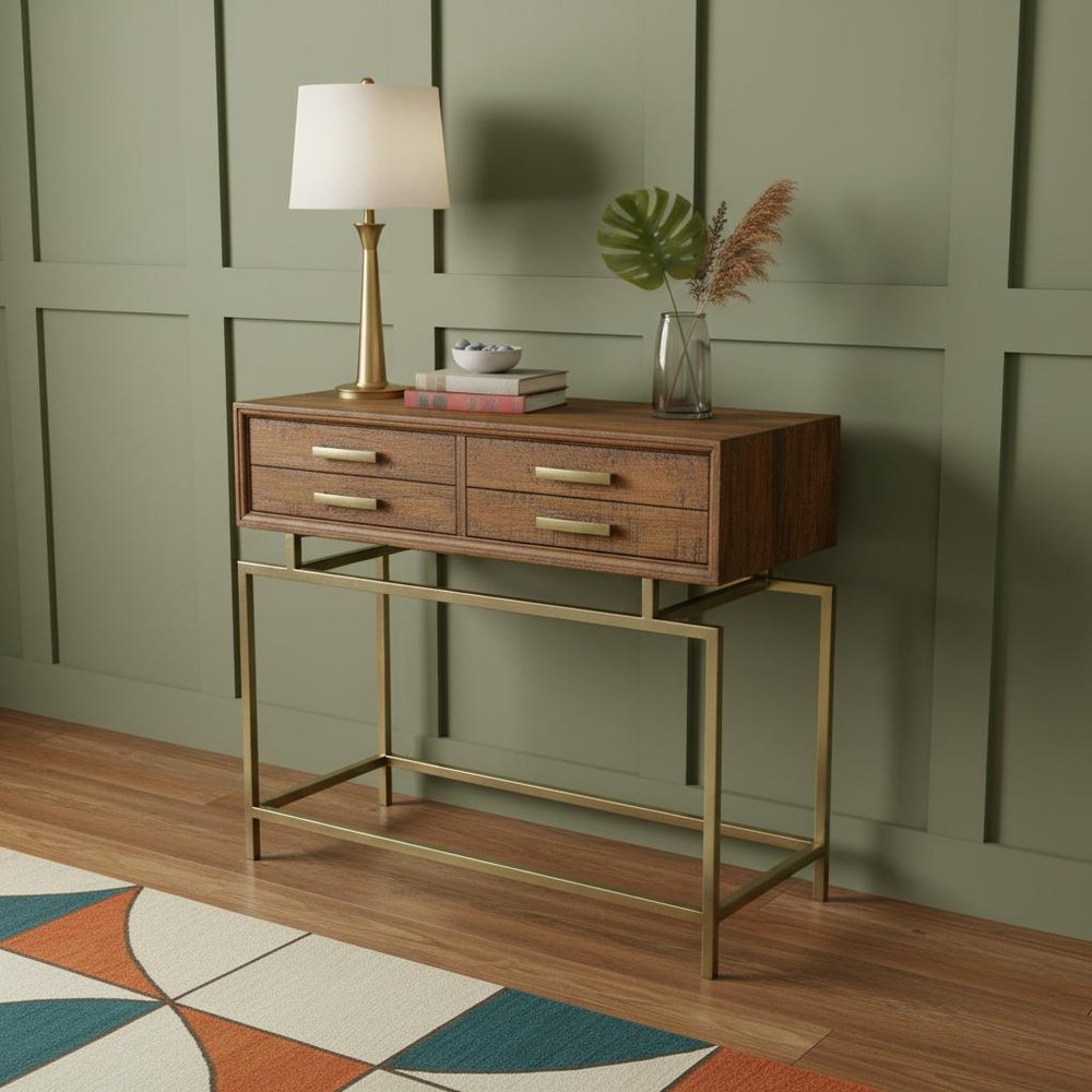 36" Brown and Brass Solid Wood Distressed Frame Console Table With Storage