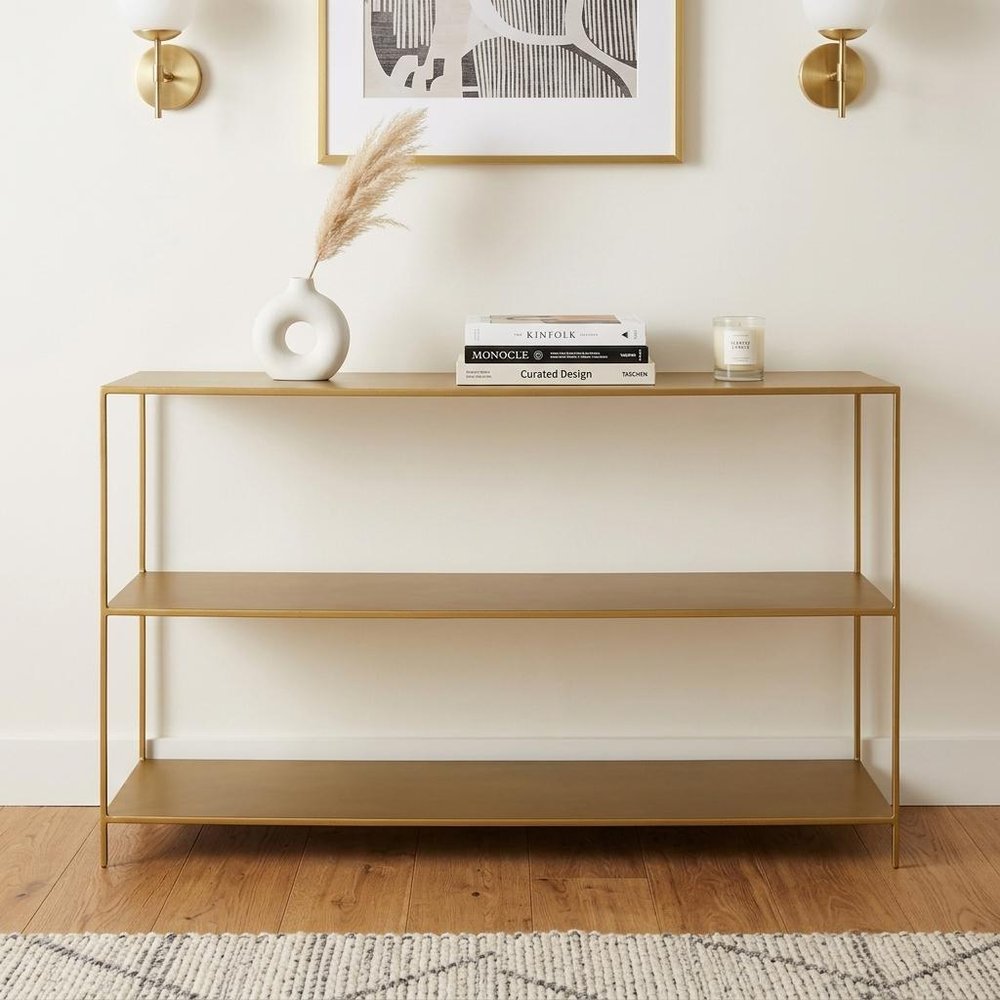 60" Brass Iron Console Table With Two Shelves