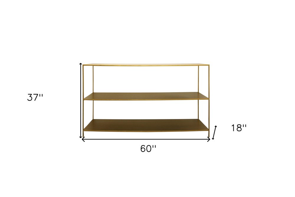 60" Brass Iron Console Table With Two Shelves