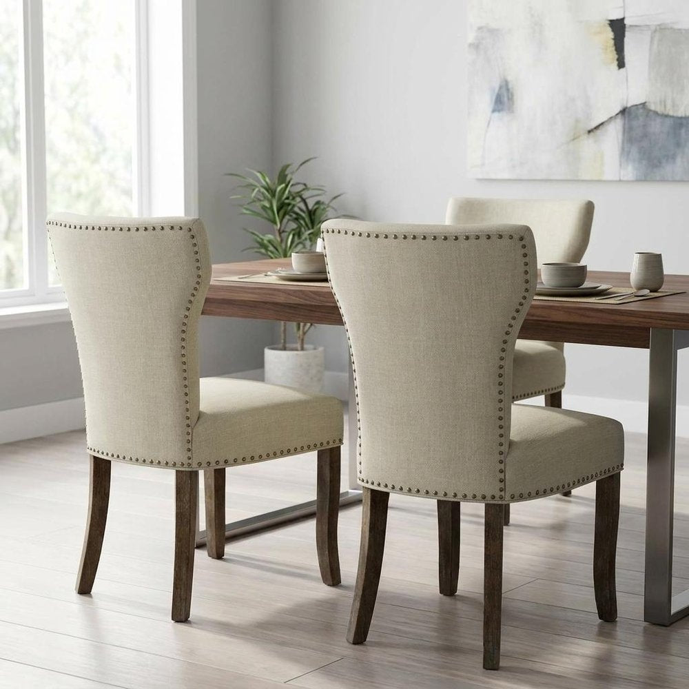 Set of Two Ivory and Brown Upholstered Fabric Dining Parsons Chairs