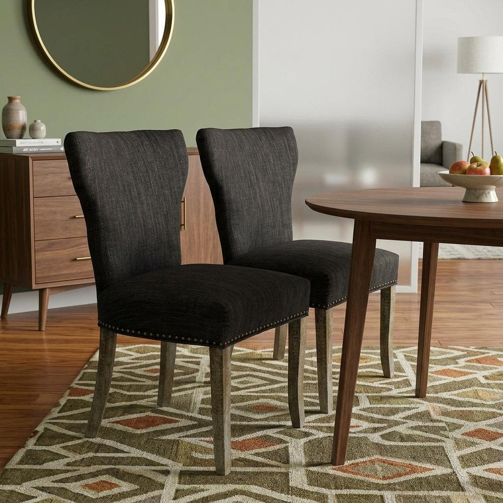 Set of Two Ivory and Brown Upholstered Fabric Dining Parsons Chairs