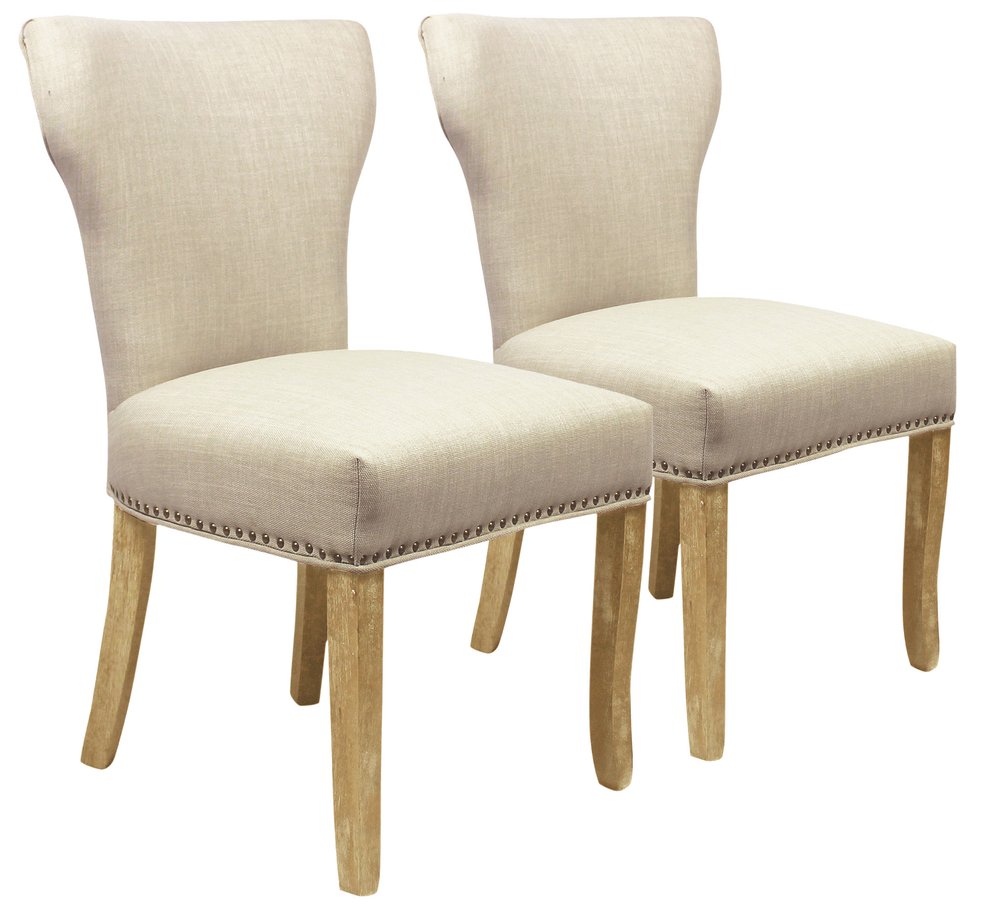 Set of Two Ivory and Brown Upholstered Fabric Dining Parsons Chairs
