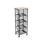 41" Black And Natural Metal And Wood Basket Storage Rolling Cabinet