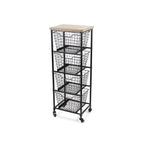 41" Black And Natural Metal And Wood Basket Storage Rolling Cabinet