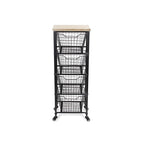 41" Black And Natural Metal And Wood Basket Storage Rolling Cabinet