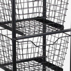 41" Black And Natural Metal And Wood Basket Storage Rolling Cabinet