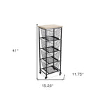41" Black And Natural Metal And Wood Basket Storage Rolling Cabinet