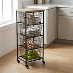 41" Black And Natural Metal And Wood Basket Storage Rolling Cabinet