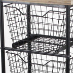 41" Black And Natural Metal And Wood Basket Storage Rolling Cabinet