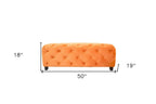 50" Orange and Dark Brown Velvet and Solid Wood Upholstered Bench